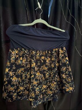 Strapless Floral Skater Dress - Navy and Mustard